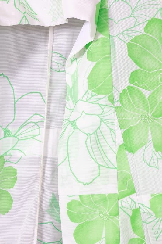 Summer  kimono used, white and green with floral pattern, L121