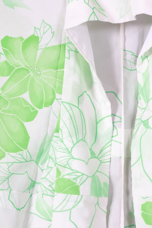 Summer  kimono used, white and green with floral pattern, L121