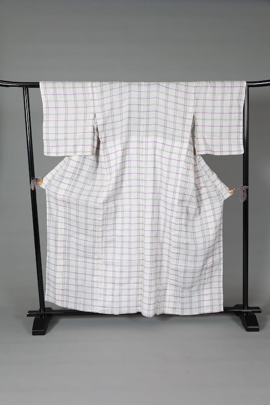 Japanese kimono used Komon  - Off-white, gray, blue, purple - checkered pattern - crinkled fabric - L119