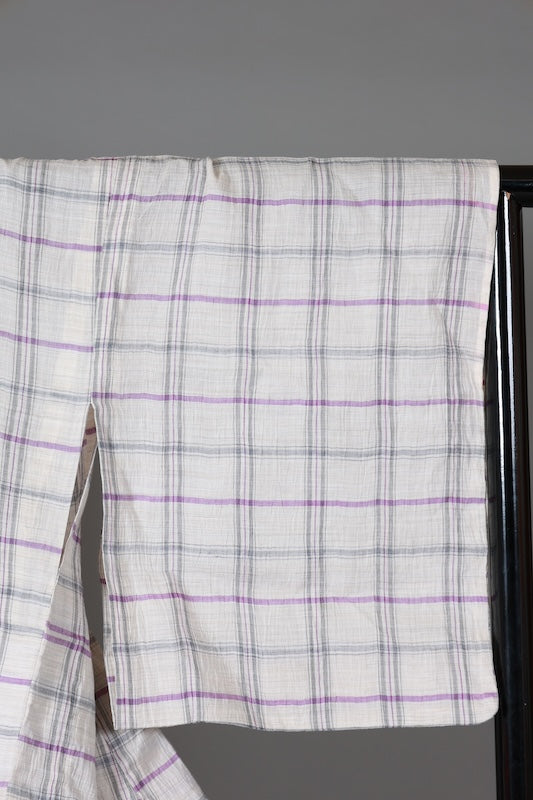 Japanese kimono used Komon  - Off-white, gray, blue, purple - checkered pattern - crinkled fabric - L119