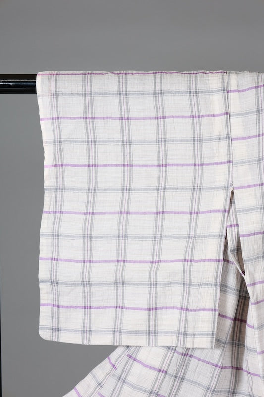 Japanese kimono used Komon  - Off-white, gray, blue, purple - checkered pattern - crinkled fabric - L119