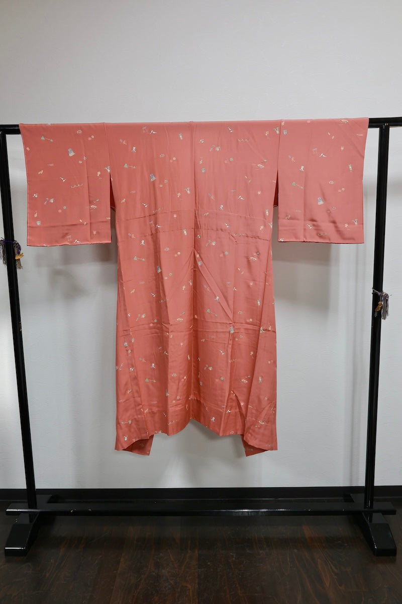 Nagajuban (long under-kimono) Coral pink green pre-owned/AZ33