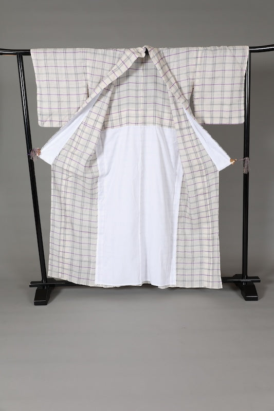 Japanese kimono used Komon  - Off-white, gray, blue, purple - checkered pattern - crinkled fabric - L119
