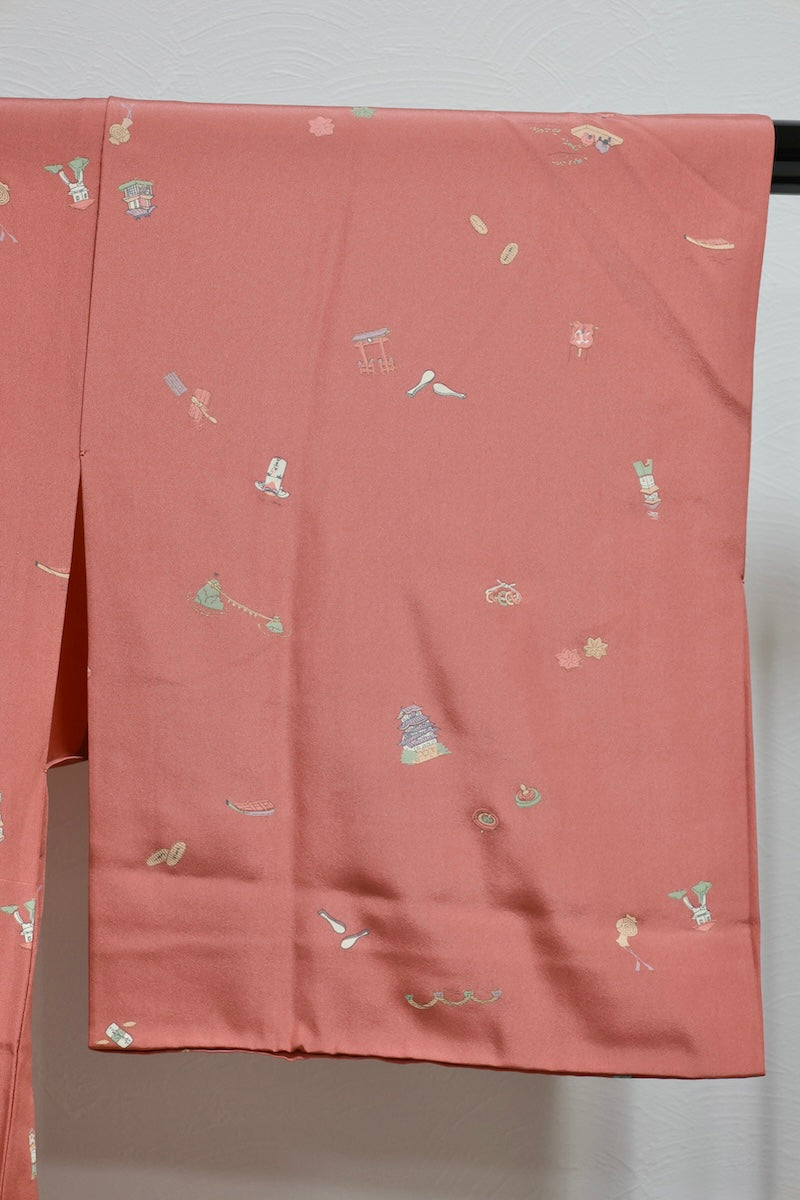 Nagajuban (long under-kimono) Coral pink green pre-owned/AZ33