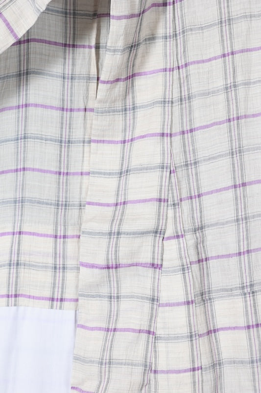 Japanese kimono used Komon  - Off-white, gray, blue, purple - checkered pattern - crinkled fabric - L119
