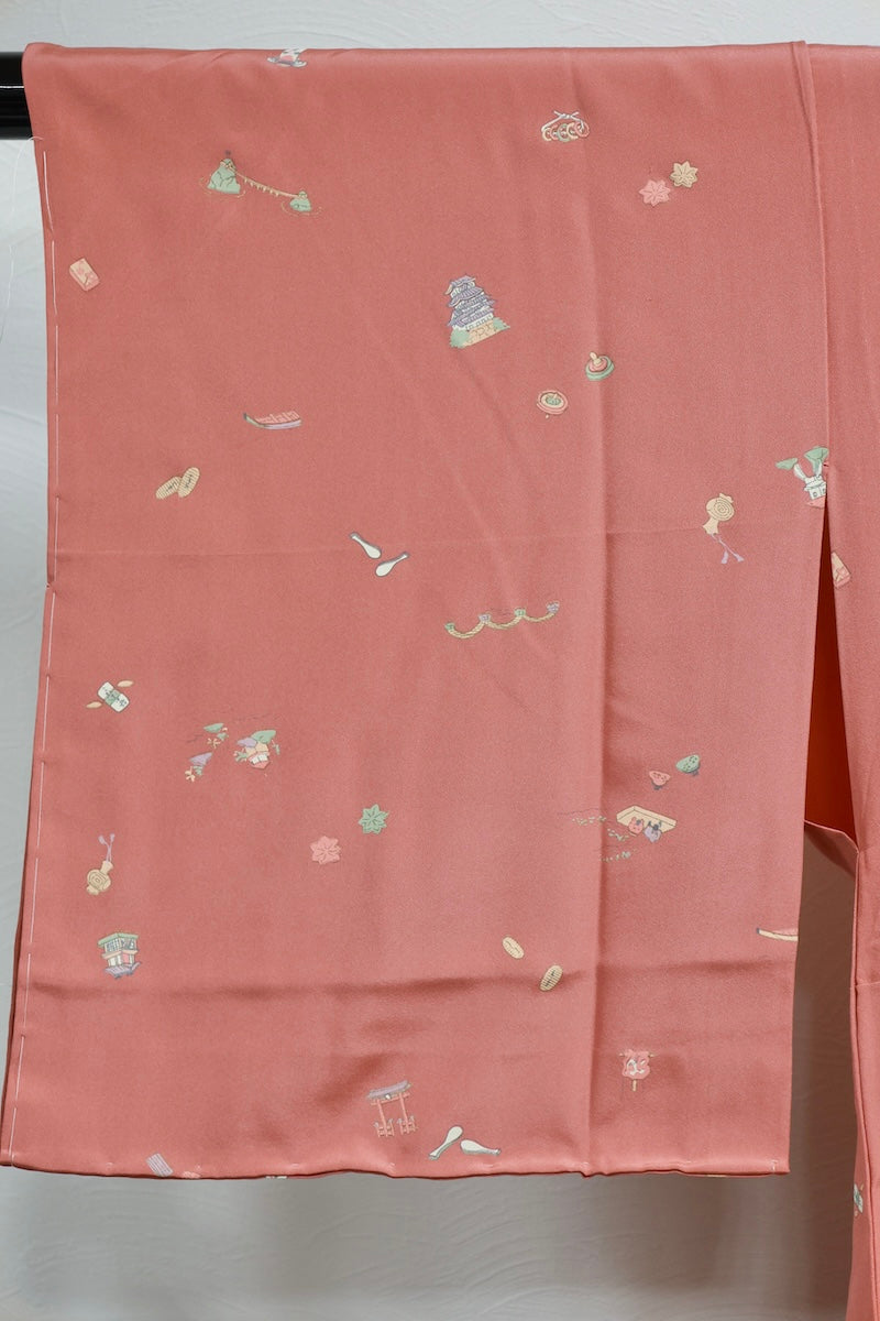 Nagajuban (long under-kimono) Coral pink green pre-owned/AZ33