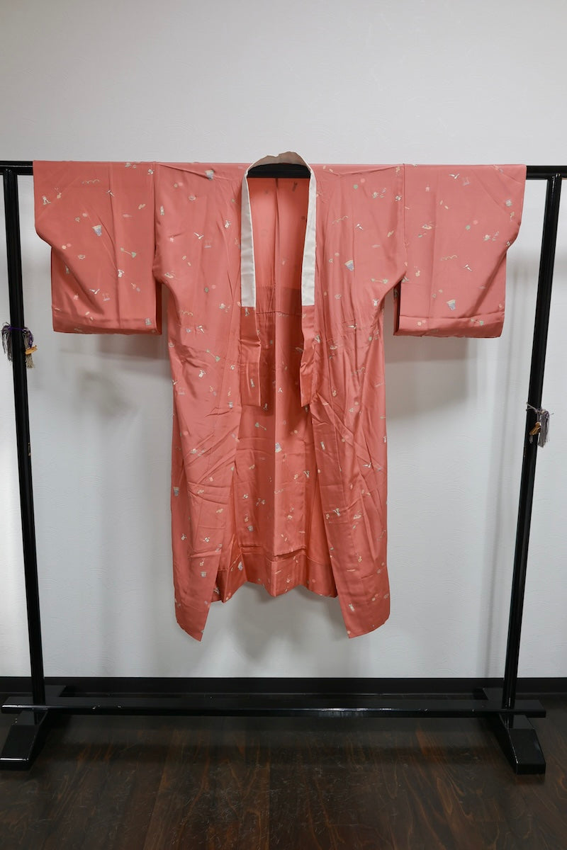 Nagajuban (long under-kimono) Coral pink green pre-owned/AZ33