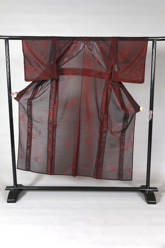Japanese kimono used Komon, Monsha (shawl fabric), Black, Wine, Flowing Water pattern, L150