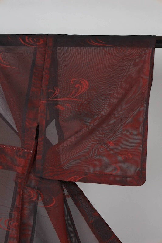 Japanese kimono used Komon, Monsha (shawl fabric), Black, Wine, Flowing Water pattern, L150