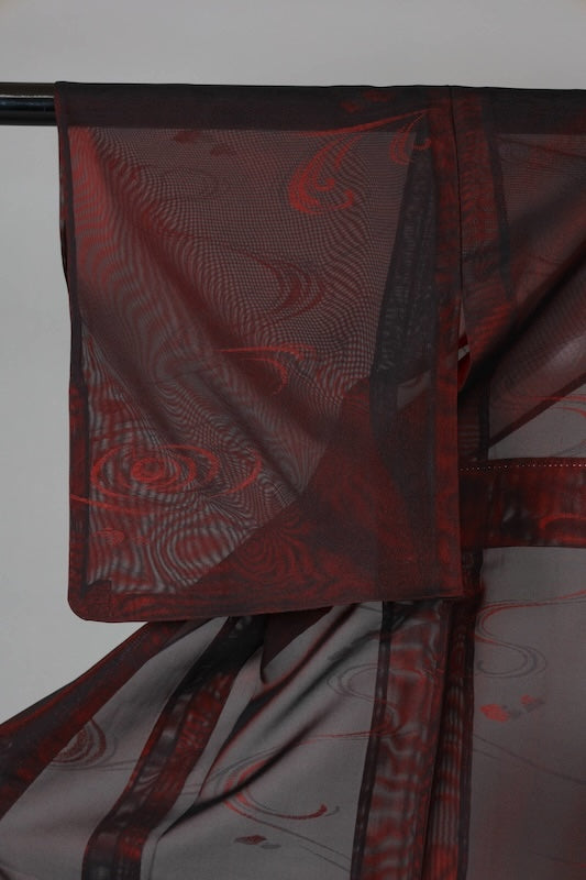 Japanese kimono used Komon, Monsha (shawl fabric), Black, Wine, Flowing Water pattern, L150