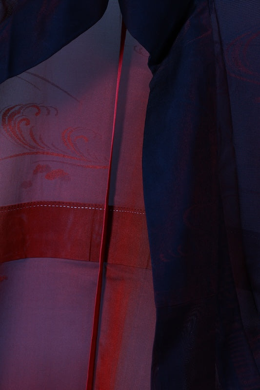 Japanese kimono used Komon, Monsha (shawl fabric), Black, Wine, Flowing Water pattern, L150