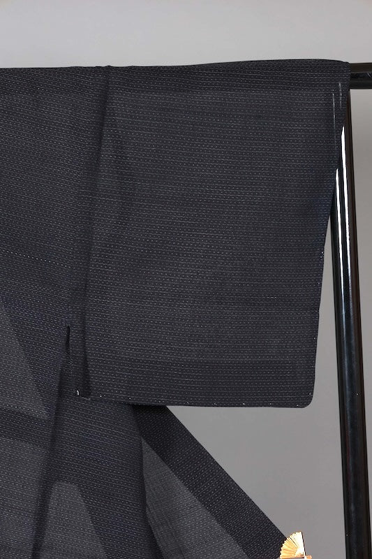 Men's summer Oshima Tsumugi  silk kimono used, shades of indigo, horizontal ikat pattern, handwoven, L148