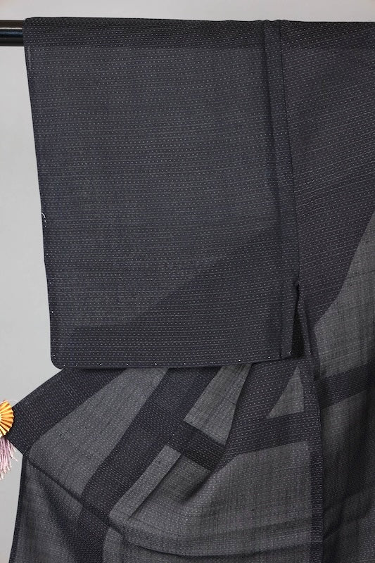 Men's summer Oshima Tsumugi  silk kimono used, shades of indigo, horizontal ikat pattern, handwoven, L148