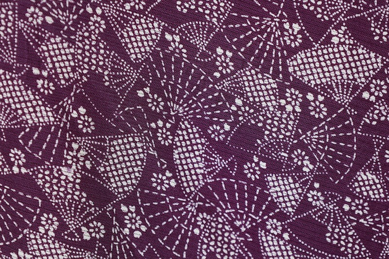 Summer Kimono used ( silk fabric), ro (black), purple and white, fan and flower pattern, L148