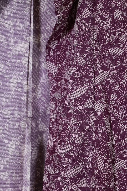 Summer Kimono used ( silk fabric), ro (black), purple and white, fan and flower pattern, L148