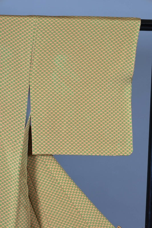 Japanease kimono used Komon  - Mustard Green - Abstract Pattern - L143