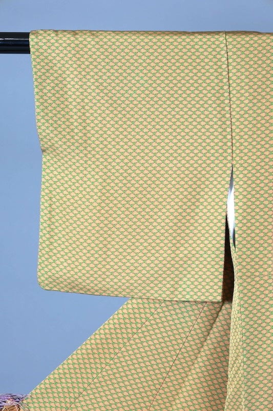 Japanease kimono used Komon  - Mustard Green - Abstract Pattern - L143