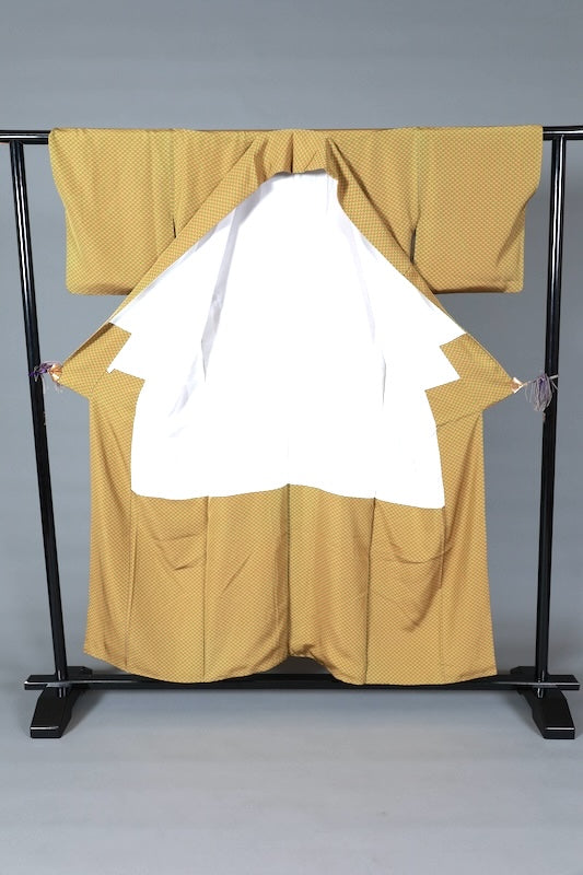 Japanease kimono used Komon  - Mustard Green - Abstract Pattern - L143