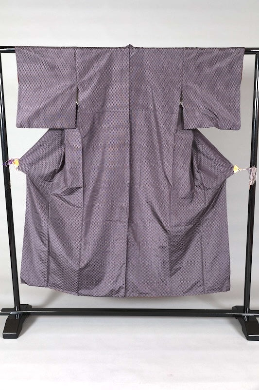 Japanese kimono used Oshima Tsumugi silk fabric, purple, yellow, white checkered pattern, handwoven, L142