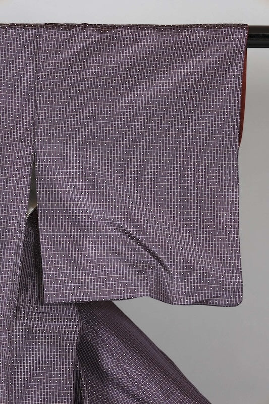 Japanese kimono used Oshima Tsumugi silk fabric, purple, yellow, white checkered pattern, handwoven, L142