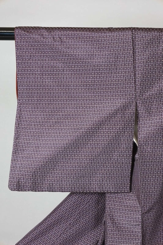 Japanese kimono used Oshima Tsumugi silk fabric, purple, yellow, white checkered pattern, handwoven, L142