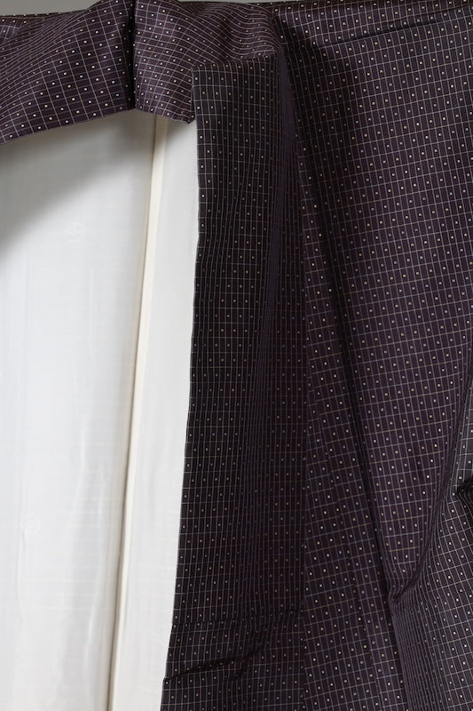 Japanese kimono used Oshima Tsumugi silk fabric, purple, yellow, white checkered pattern, handwoven, L142