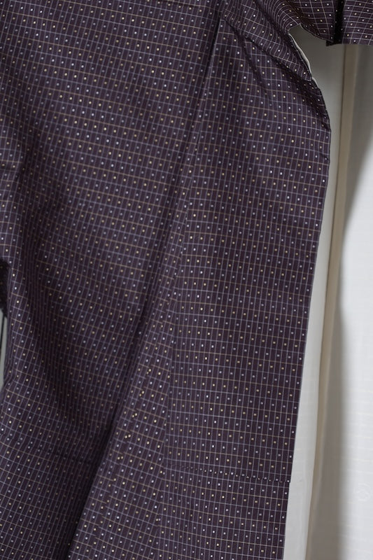 Japanese kimono used Oshima Tsumugi silk fabric, purple, yellow, white checkered pattern, handwoven, L142