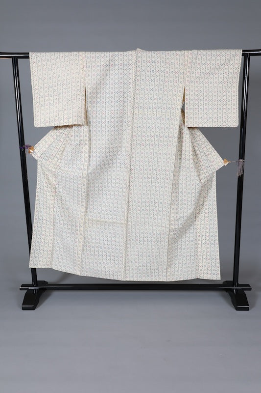 Japanese  kimono used  - Natural white, black, reddish-brown, green, blue - geometric pattern - L122