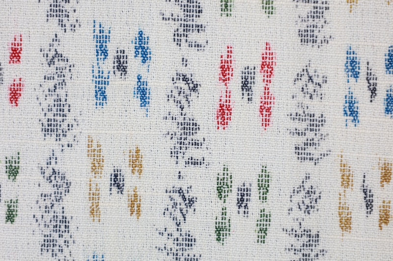 Japanese  kimono used  - Natural white, black, reddish-brown, green, blue - geometric pattern - L122
