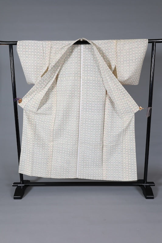 Japanese  kimono used  - Natural white, black, reddish-brown, green, blue - geometric pattern - L122
