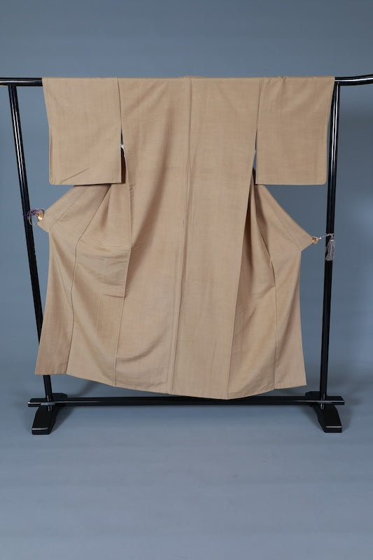 Japanease kimono used silk pongee, dark beige, handwoven, L133