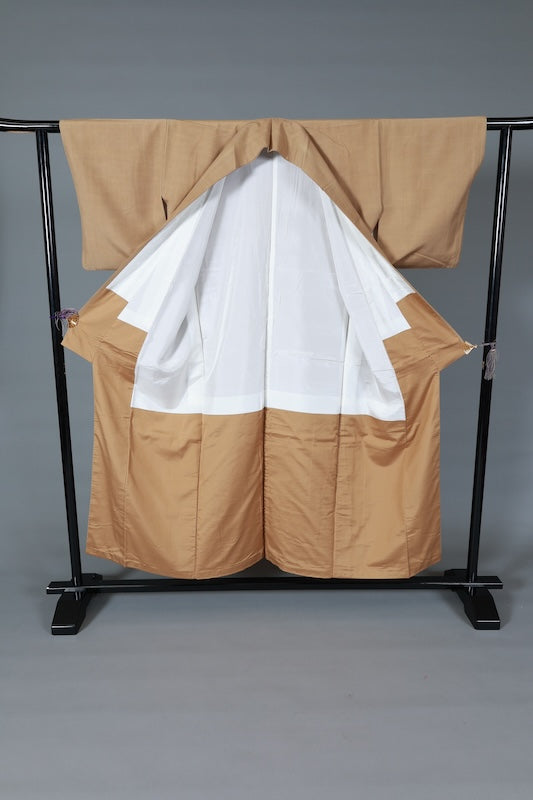 Japanease kimono used silk pongee, dark beige, handwoven, L133