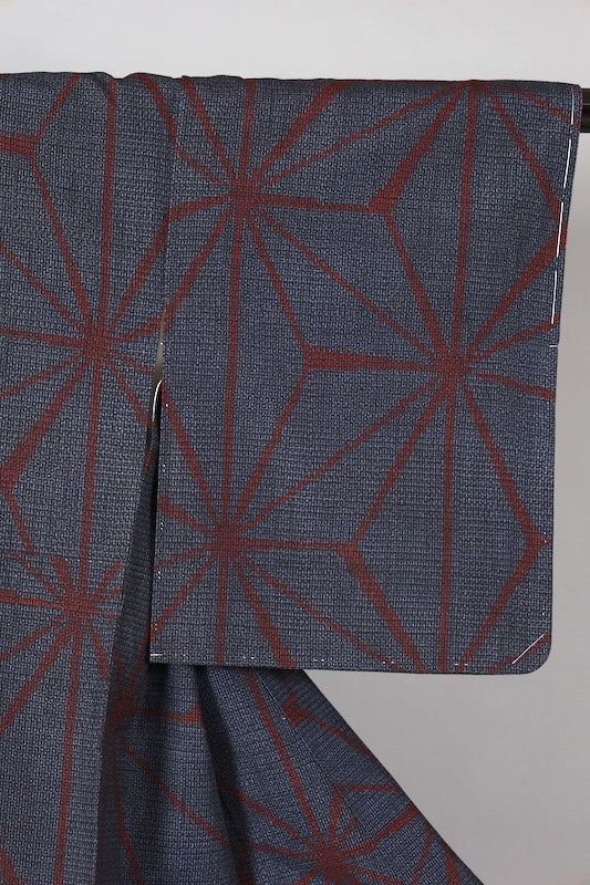 Japanese kimono used Yuki  Tsumugi silk fabric, shades of indigo and red, hemp leaf pattern, handwoven, L132