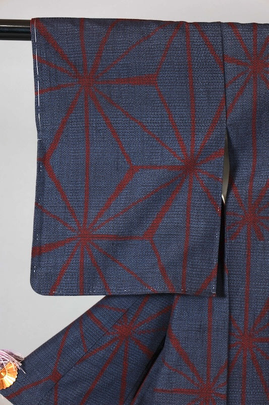 Japanese kimono used Yuki  Tsumugi silk fabric, shades of indigo and red, hemp leaf pattern, handwoven, L132
