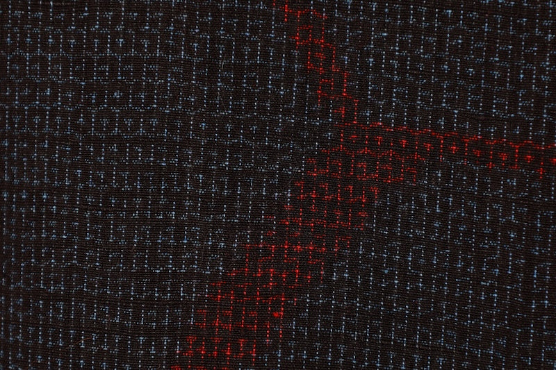 Japanese kimono used Yuki  Tsumugi silk fabric, shades of indigo and red, hemp leaf pattern, handwoven, L132