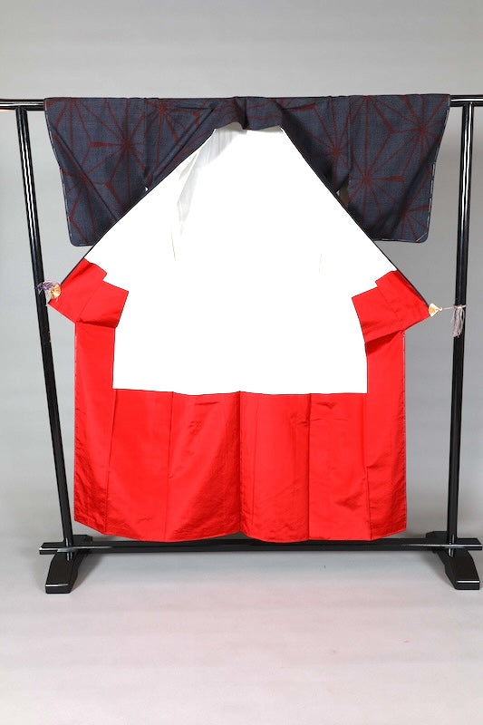 Japanese kimono used Yuki  Tsumugi silk fabric, shades of indigo and red, hemp leaf pattern, handwoven, L132