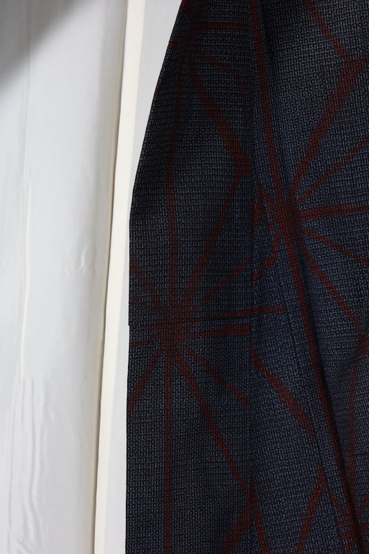 Japanese kimono used Yuki  Tsumugi silk fabric, shades of indigo and red, hemp leaf pattern, handwoven, L132