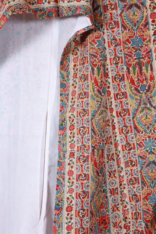 Japanease kimono used Tsumugi silk fabric, beige, tangerine red, blue, green, mustard yellow, calico pattern, hand-dyed, L139
