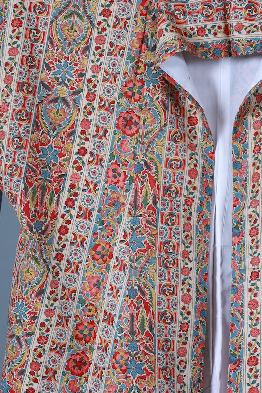 Japanease kimono used Tsumugi silk fabric, beige, tangerine red, blue, green, mustard yellow, calico pattern, hand-dyed, L139