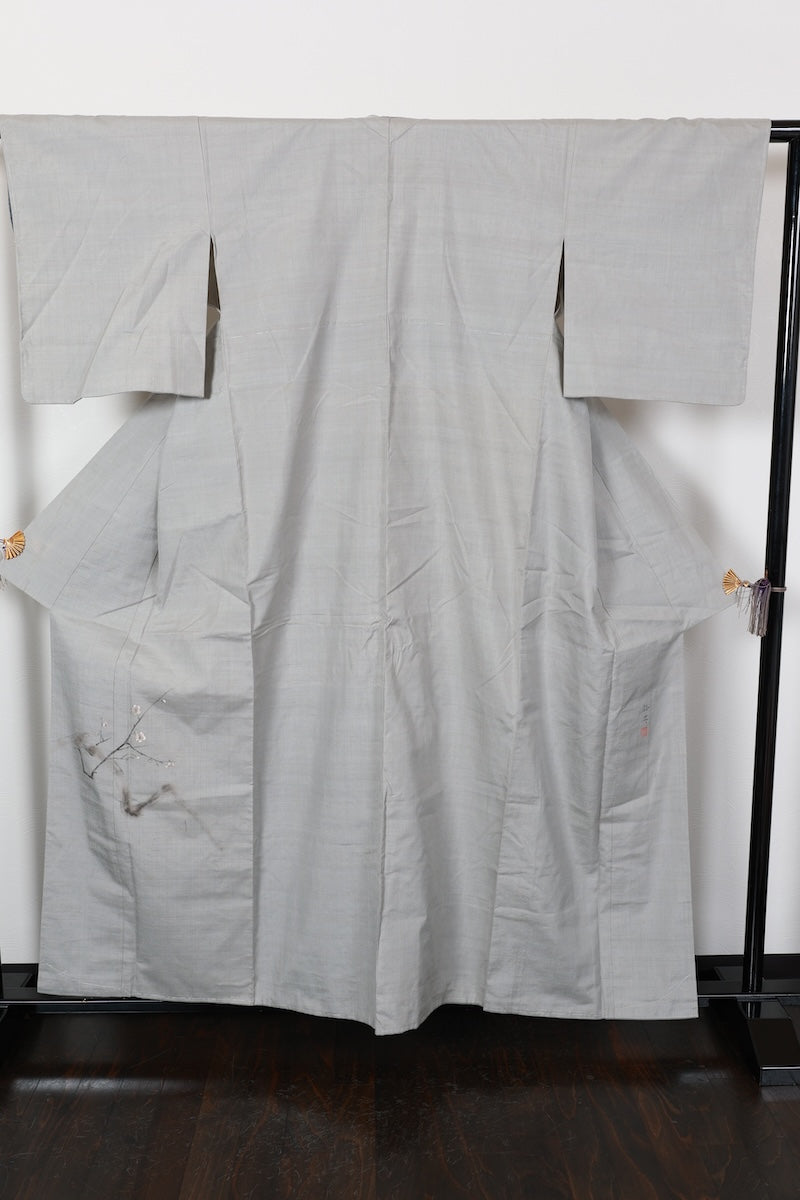 Tsumugi kimono gray gold silver Hand-painted, hand-embroidered, hand-woven pre-pwned /AZ53