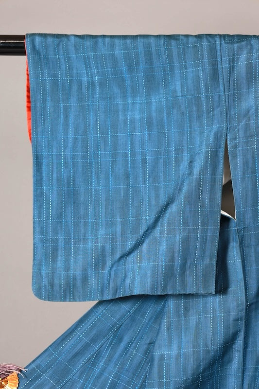Japanese kimono used Tsumugi silk fabric, varying shades of blue, checkered pattern, sashiko stitching, L137