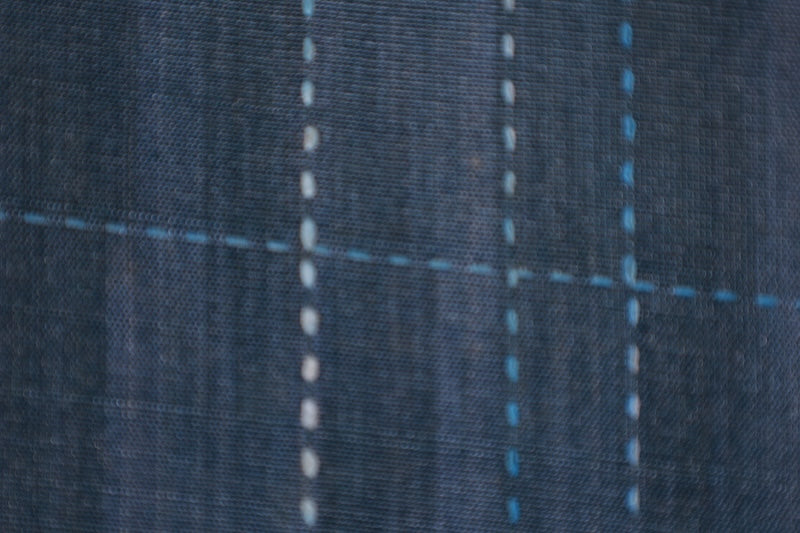 Japanese kimono used Tsumugi silk fabric, varying shades of blue, checkered pattern, sashiko stitching, L137