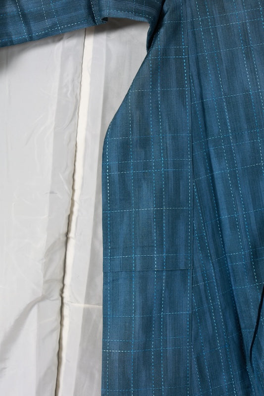 Japanese kimono used Tsumugi silk fabric, varying shades of blue, checkered pattern, sashiko stitching, L137
