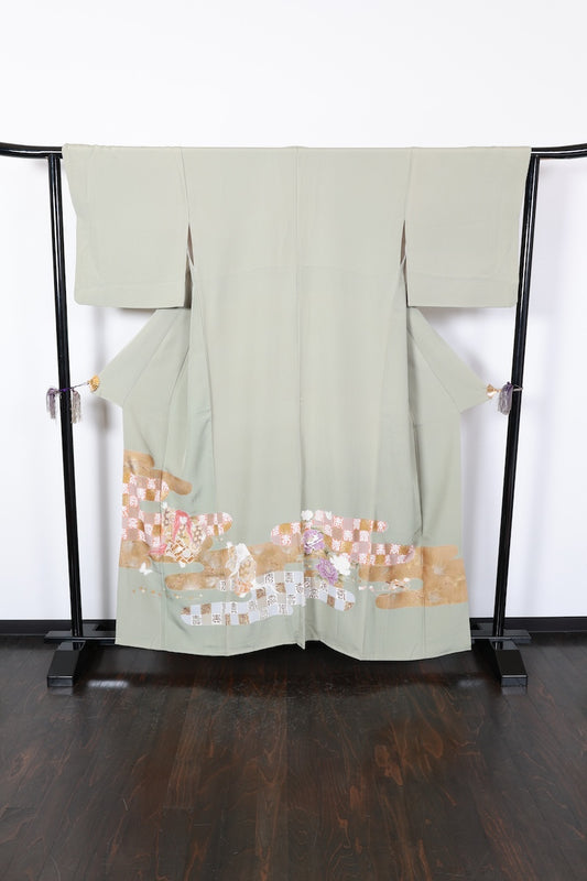 Irotomesode kimono green gold pre-owned /Az47