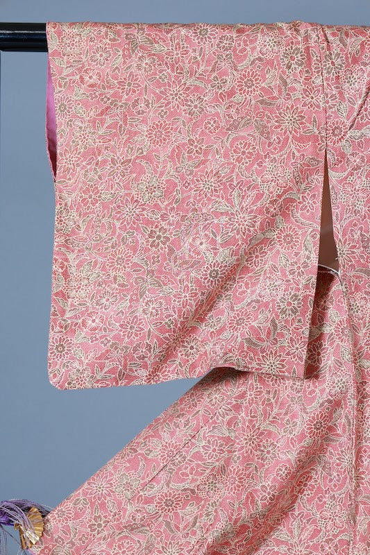 Japanese  kimono used, orange and brown, butterfly and flower pattern, L153