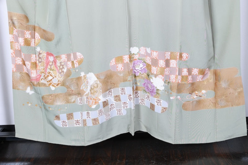 Irotomesode kimono green gold pre-owned /Az47
