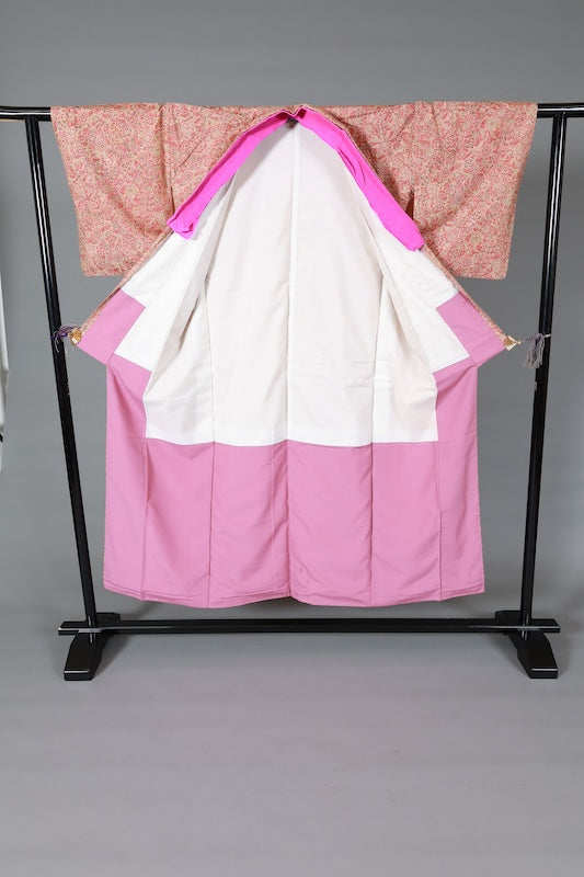 Japanese  kimono used, orange and brown, butterfly and flower pattern, L153