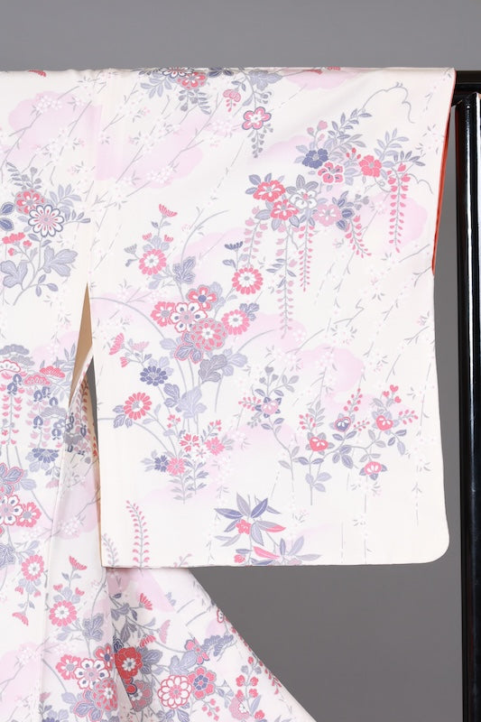 Japanese kimono used, white, shades of purple, gray, light pink, red, floral pattern, L152