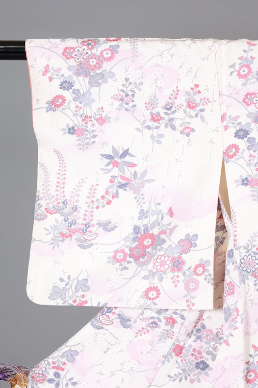 Japanese kimono used, white, shades of purple, gray, light pink, red, floral pattern, L152