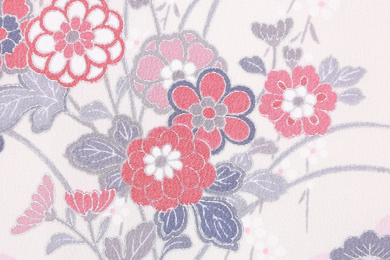 Japanese kimono used, white, shades of purple, gray, light pink, red, floral pattern, L152